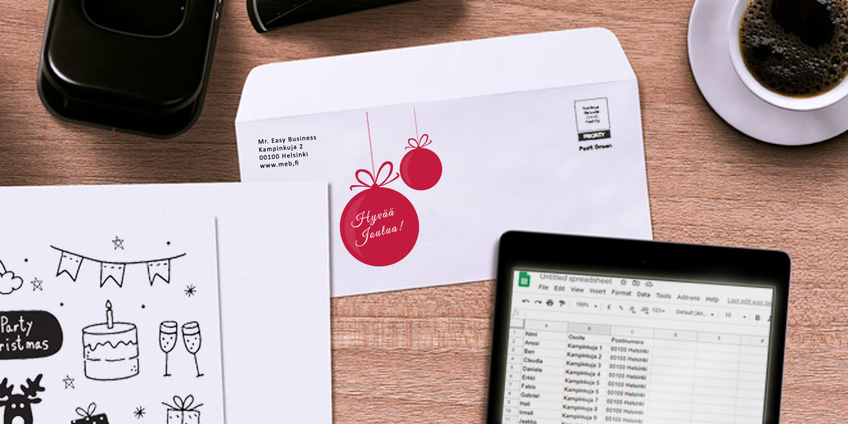 Joulukorttien postitus on helpompaa kun tulostamme osoitteet niihin valmiiksi.