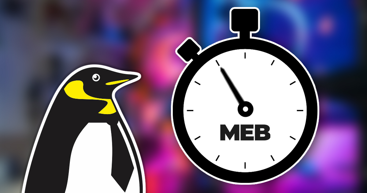 MEB-pingviini ajanottokellon kanssa kuvastamassa Pikatuotannon nopeutta