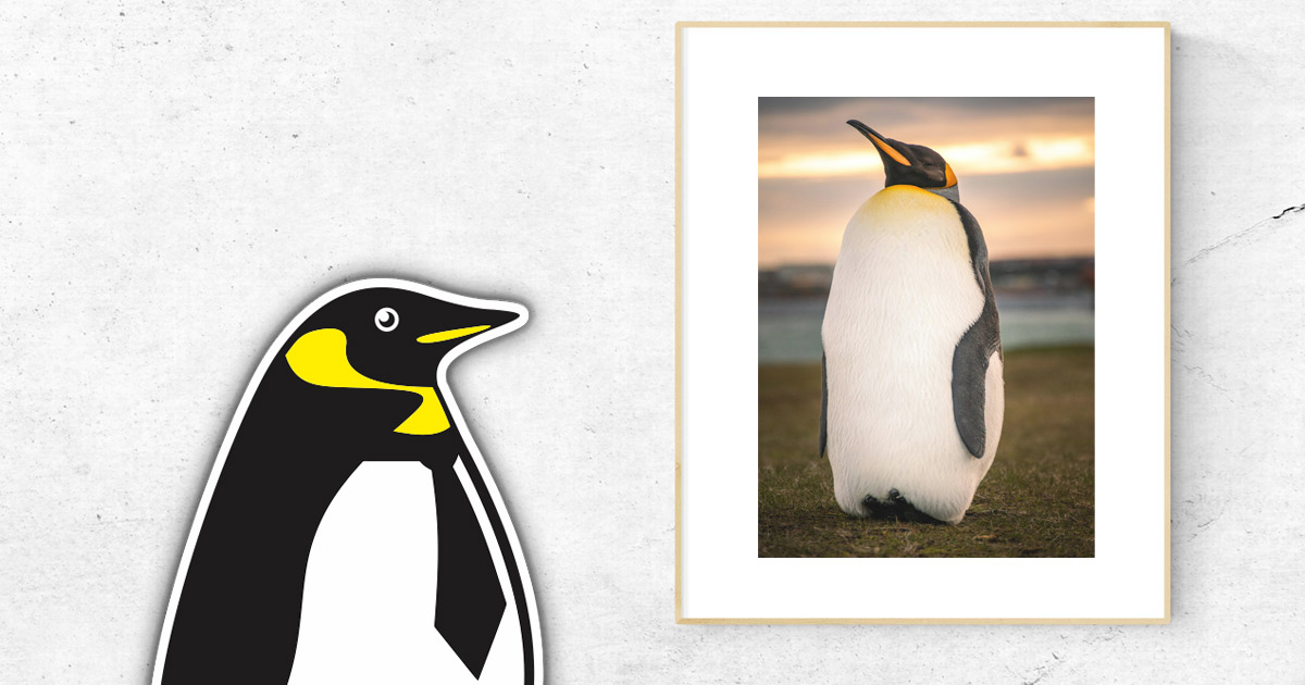 MEB Penguin mascot next to a decorative poster depicting a King Penguin.