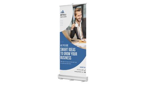 A consulting firm advertisement in a roll-up standee