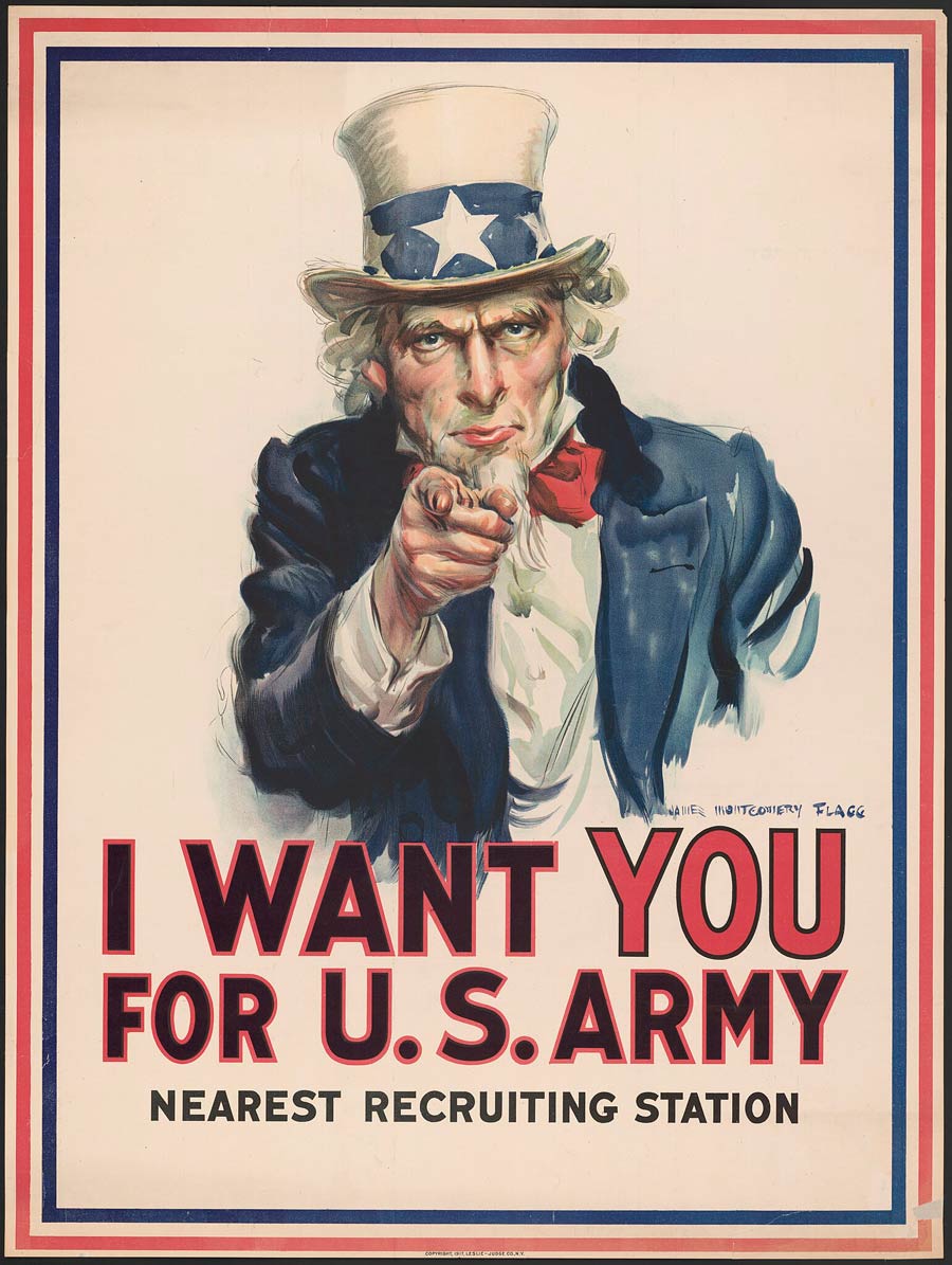 Yhdysvaltojen ensimmäisen maailmansodan aikainen värväysjuliste ''I want you for U.S. Army,'' käyttäen ''Setä Samuli'' -hahmoa