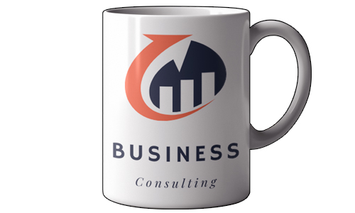 A mug with a company logo and text printed on it