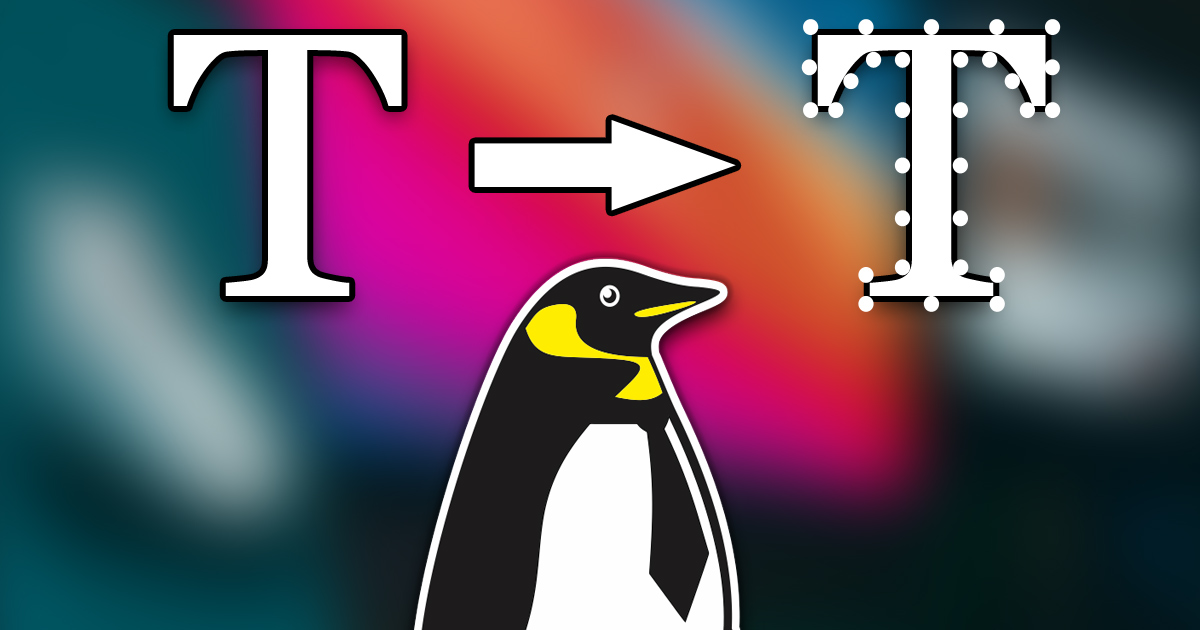 MEB-maskotti, pingviini, tekstisymboleita kuvastamassa kuinka fontit konvertoidaan poluiksi