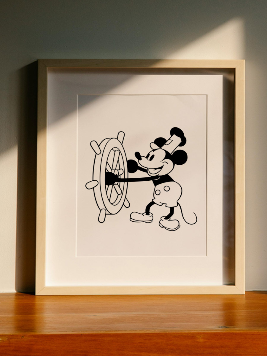 A framed and copyright free decorative poster of an early Mickey Mouse from the Steamboat Willie animation