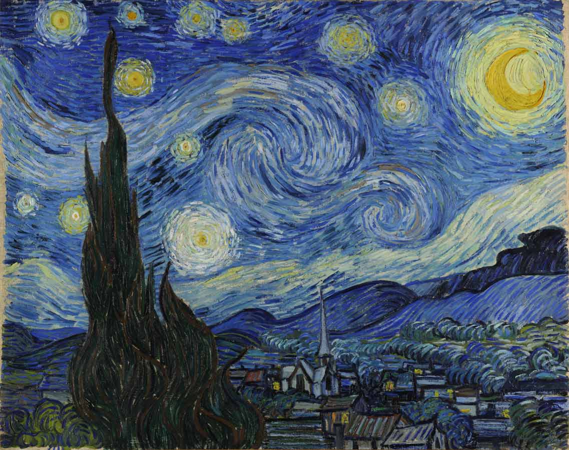 Vincent Van Goghin ''Tähtikirkas yö'', kuvastaen hänen kotimaansa pilvetöntä yötaivasta ja alhaalla on kylä