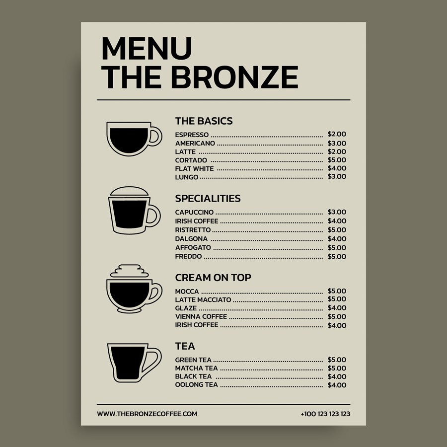 An advertising poster of a cafe or restaurant menu and price list